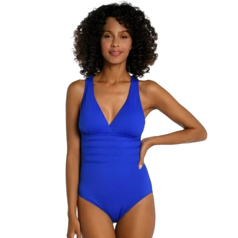 La Blanca Island Goddess Multi-Strap Cross-Back One-Piece Swimsuit in Sapphire